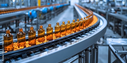 Efficient Arrangement of Medication Bottles on Conveyor Belt in Pharmaceutical Facility. Concept Pharmaceutical Industry, Medication Packaging, Conveyor Systems, Efficiency Optimization