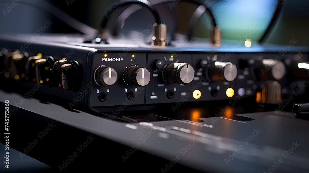 Detailed shot of a high-quality audio interface, emphasizing its intricate knobs and ports.
