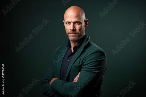 Portrait of a bald man in a green jacket on a dark background