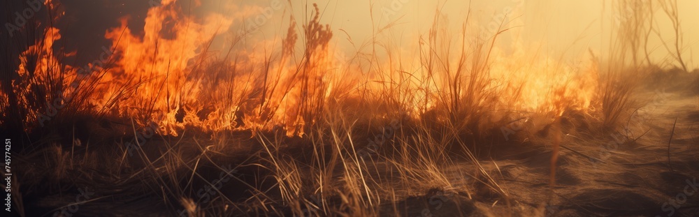 fire, dry grass and trees are burning, close-up fire, dry grass and trees are burning, close-up
