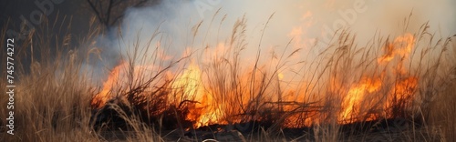 fire, dry grass and trees are burning, close-up 