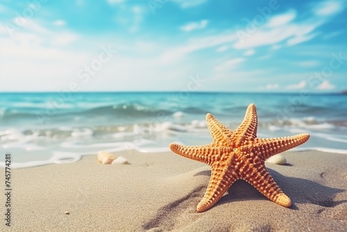 Starfish on the beach with sea and sky background. Summer holiday concept