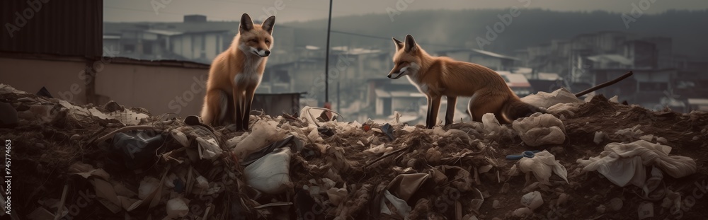 two red foxes rummaging through a mountain of garbage  - obrazy, fototapety, plakaty 