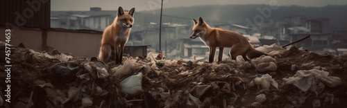 two red foxes rummaging through a mountain of garbage 