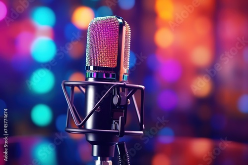 studio microphone in neon lights. sound recording equipment on bokeh background. Podcast,recording music concept microphone photo