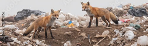 two red foxes rummaging through a mountain of garbage 