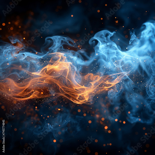 Abstract fire flame with burning smoke floating upwards on black background