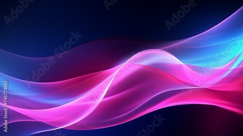 Fluorescent background. Blur curved texture. Futuristic light. Defocused neon pink purple blue color gradient glow on dark ridged abstract overlay