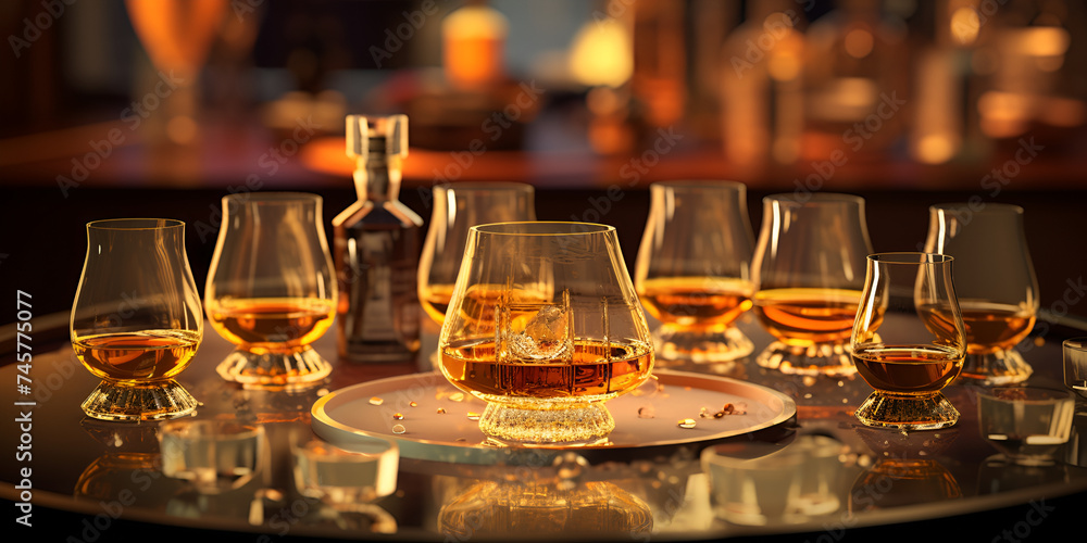 drinks on the table, Scotch whisky, tasting glasses with variety of single malts 