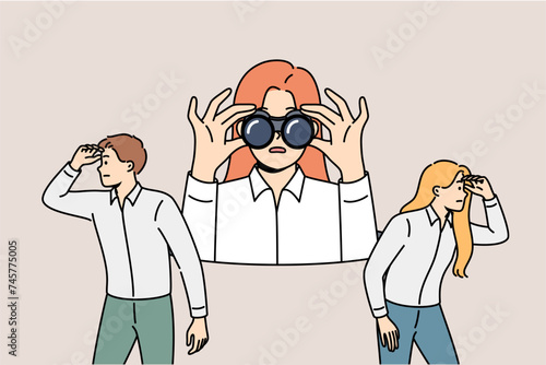 Business team is looking in different directions in search of new opportunities to attract customers. Business people use binoculars to search for information that helps develop corporation.
