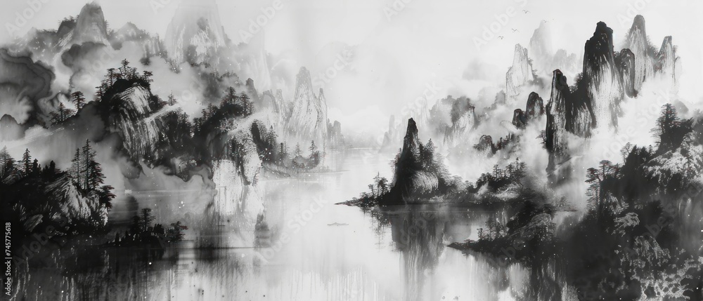 Ancient Landscape Exploration, Traditional Ink Wash Painting, Detailed ink wash painting of ancient landscapes, Traditional Chinese art technique showcasing historical landscapes.