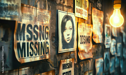 Rows of aged missing person posters on a wall with a prominent MISSING headline, evoking themes of loss, search efforts, and the passage of time