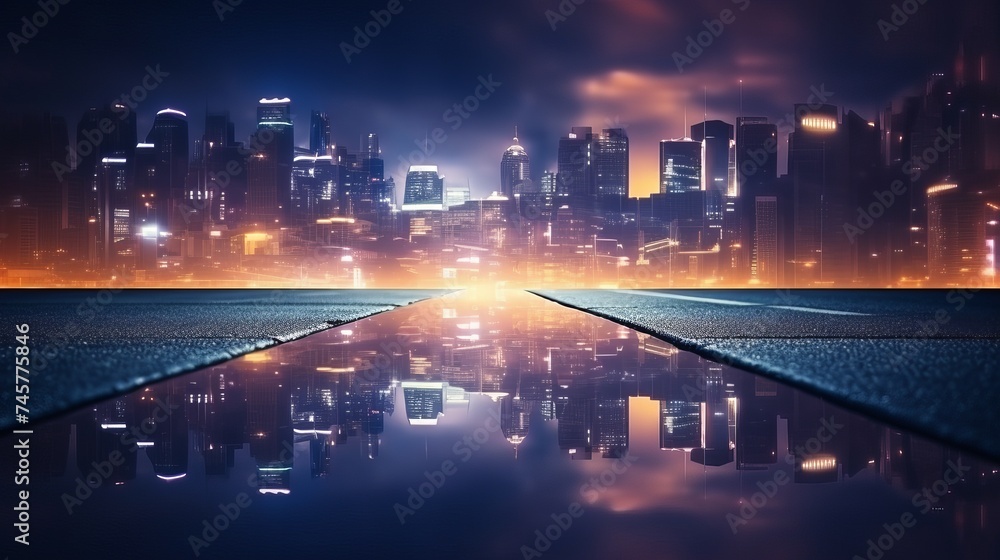 Light effect, blurred background. Wet asphalt, night view of the city, neon reflections on the concrete floor. Night empty stage, studio. Dark abstract background, dark empty street. Night city