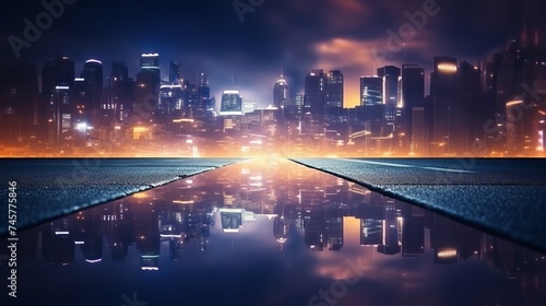 Light effect, blurred background. Wet asphalt, night view of the city, neon reflections on the concrete floor. Night empty stage, studio. Dark abstract background, dark empty street. Night city