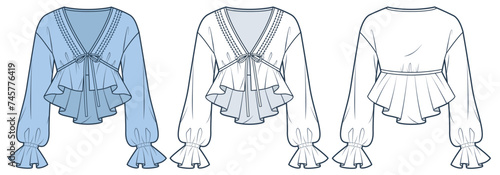 Ruffle Crop Top technical fashion Illustration. Balloon Sleeve Blouse fashion flat technical drawing template, v-neck, bow tie, peplum, front and back view, white, blue, women Top CAD mockup set.