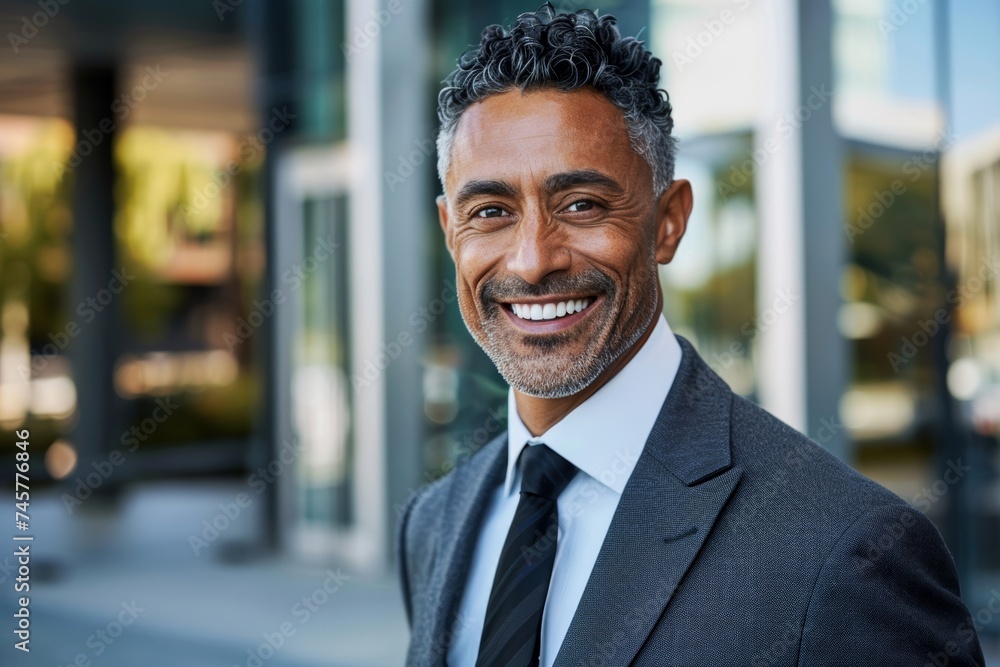 Fototapeta premium A well-dressed gentleman stands outdoors, confidently smiling in his suit and tie, exuding a professional and approachable demeanor