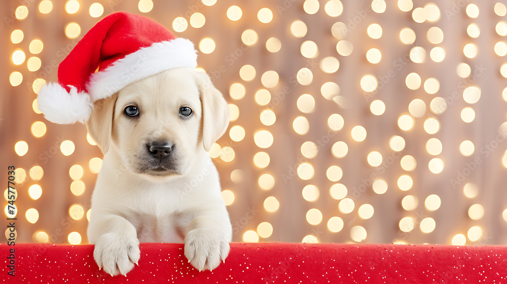 A Labrador puppy peers over a red surface, wearing a cute Santa hat, with a backdrop of twinkling festive lights creating a cheerful holiday scene.
A Labrador puppy peers over a red surface, wearing a cute Santa hat, with a backdrop of twinkling festive lights creating a cheerful holiday scene.