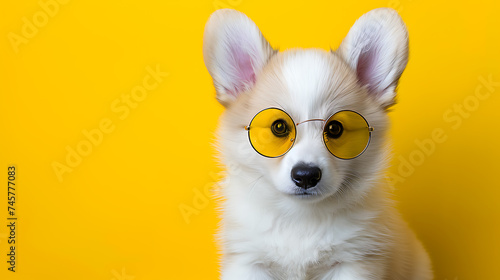 Adorable white corgi puppy with oversized yellow sunglasses against a vibrant yellow background, exuding playful charm. 