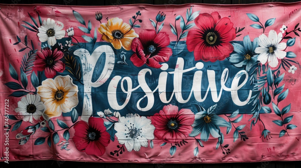 'Positive' Floral Typography on Pink Fabric Banner