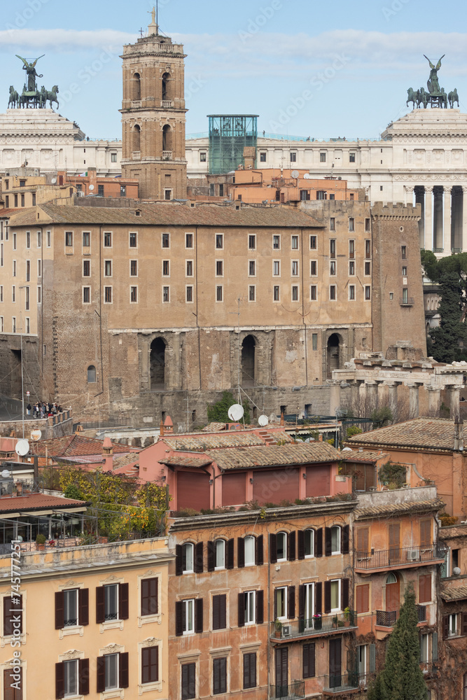 Traditional Rome buildings viewed from Orange Gardens. Aventino, Rome. Italy