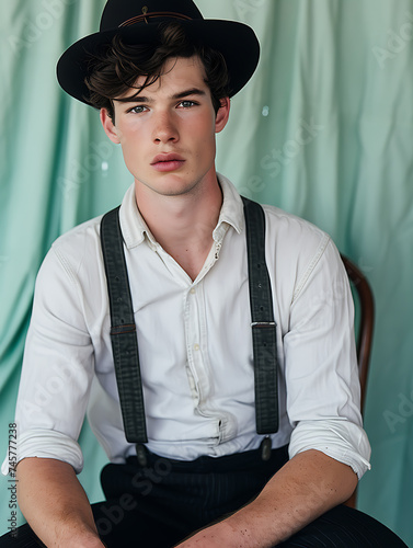 Elegantly dressed young man in a white shirt, suspenders, and a classic black hat, portraying vintage fashion. 
