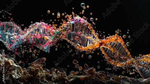 DNA structure realistic model. Black background. Science Genetic Engineering concept. Generative AI © AngrySun
