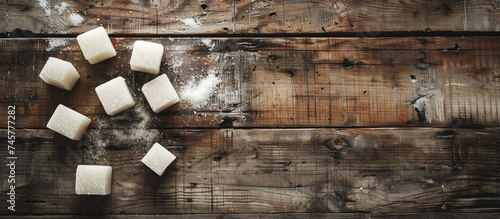 Pile of Sugar Cubes on Rustic Wooden Background photo