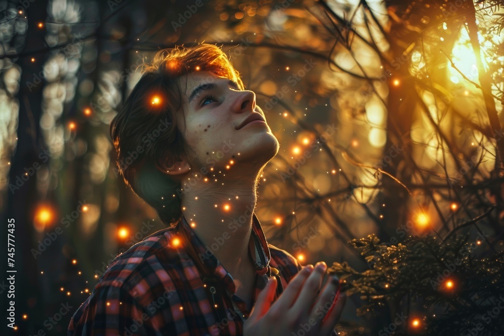 A man stands in awe as he gazes up at the radiant lights shining through the tree branches in the dark of night A man stands in awe as he gazes up at the radiant lights shining through the tree branches in the dark of night