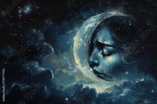 Beautiful woman moon . star sky. 