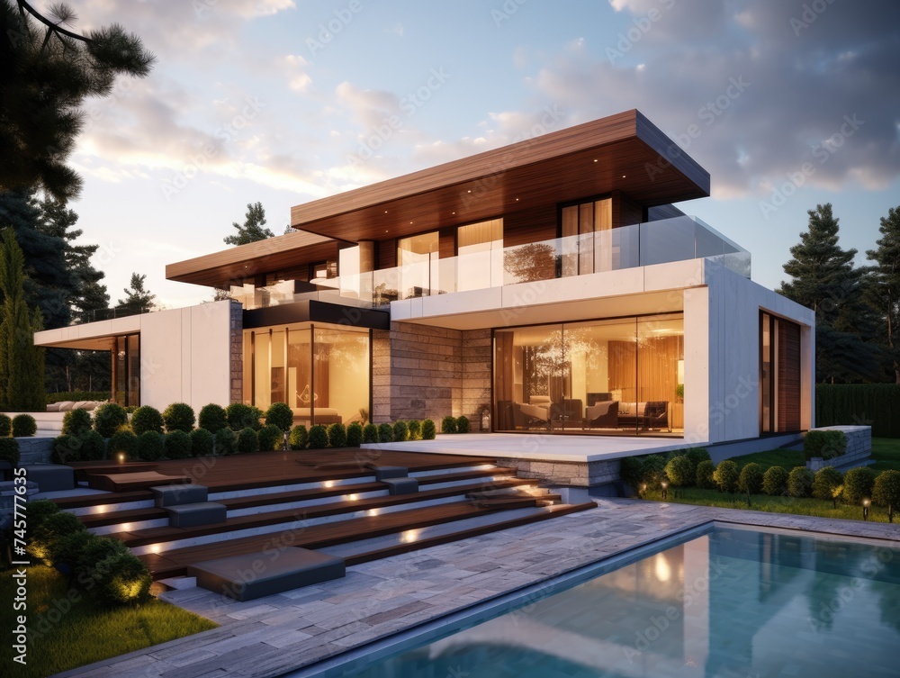 Fototapeta premium Modern House With Front Pool