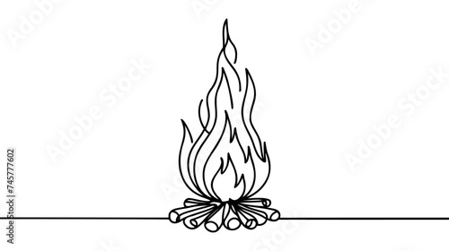 Bonfire in one continuous line art drawing style. Campfire black line sketch on white background. Vector illustration