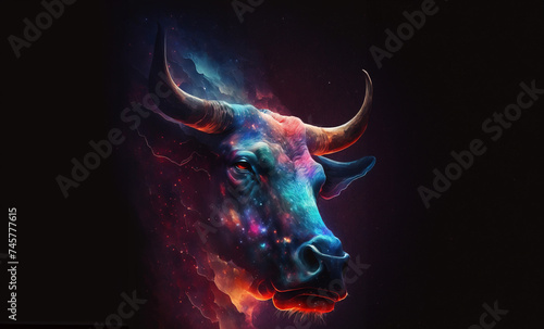 Cosmic Bull Portrait Created with Generative AI Technology