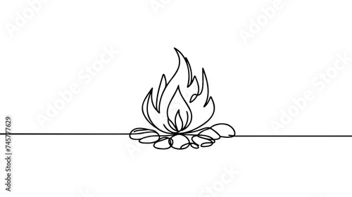 Bonfire in one continuous line art drawing style. Campfire black line sketch on white background. Vector illustration