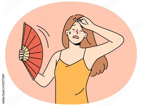 Unhealthy woman with handfan suffer from heatstroke during hot weather. Unwell girl with waver struggle with warm season sweat and melt. Vector illustration.