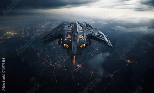 Advanced Stealth Aircraft Over Futuristic Cityscape  created with Generative AI technology