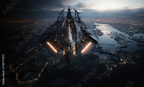 Advanced Stealth Aircraft Over Futuristic Cityscape, created with Generative AI technology