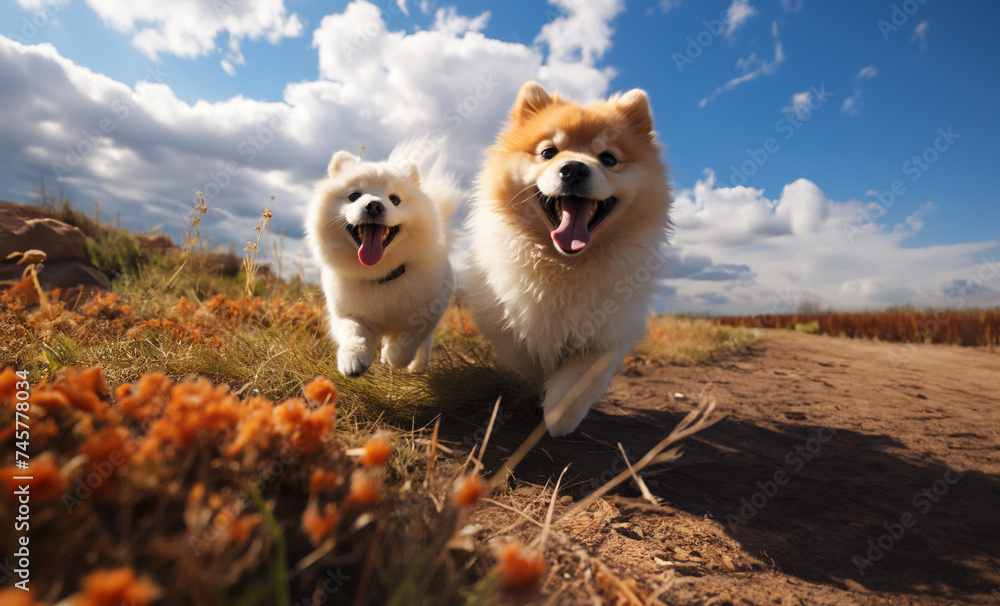 Joyful Canine Companions Frolic in Autumn Fields Created with Generative AI Technology Joyful Canine Companions Frolic in Autumn Fields Created with Generative AI Technology
