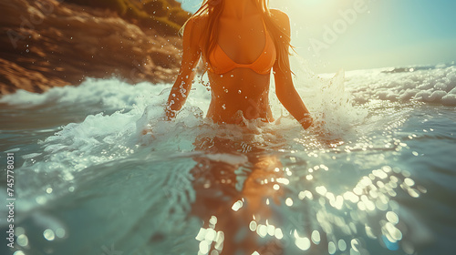 An active woman in a swimsuit immersed in the ocean waves, capturing a sense of freedom and adventure. 
