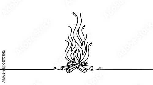 Bonfire in one continuous line art drawing style. Campfire black line sketch on white background. Vector illustration