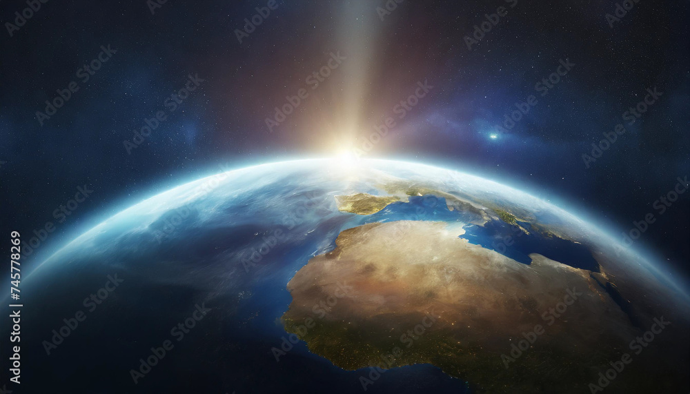 Obraz premium Earth hour concept.Earth hour 2024 event. Planet Earth surface in dark deep space. From beyond the planet Sunrise.Turn off the lights. Save the environment.Copy space.