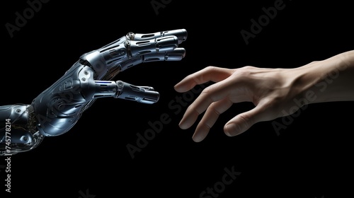 Robot hand making contact with human hand on dark background 3D rendering © Elchin Abilov