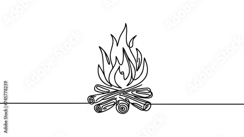 Bonfire in one continuous line art drawing style. Campfire black line sketch on white background. Vector illustration