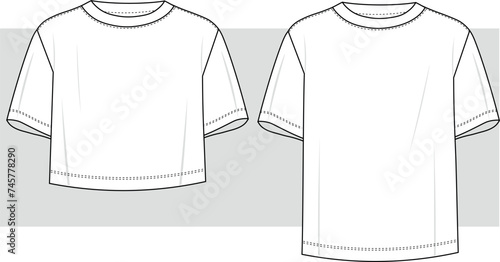 Basic T-shirt set drawing. technical Sketch fashion Flat Template With Round neckline, elbow sleeves, oversized, cropped. woman and man set tee shirt. Unisex T-Shirt fashion CAD