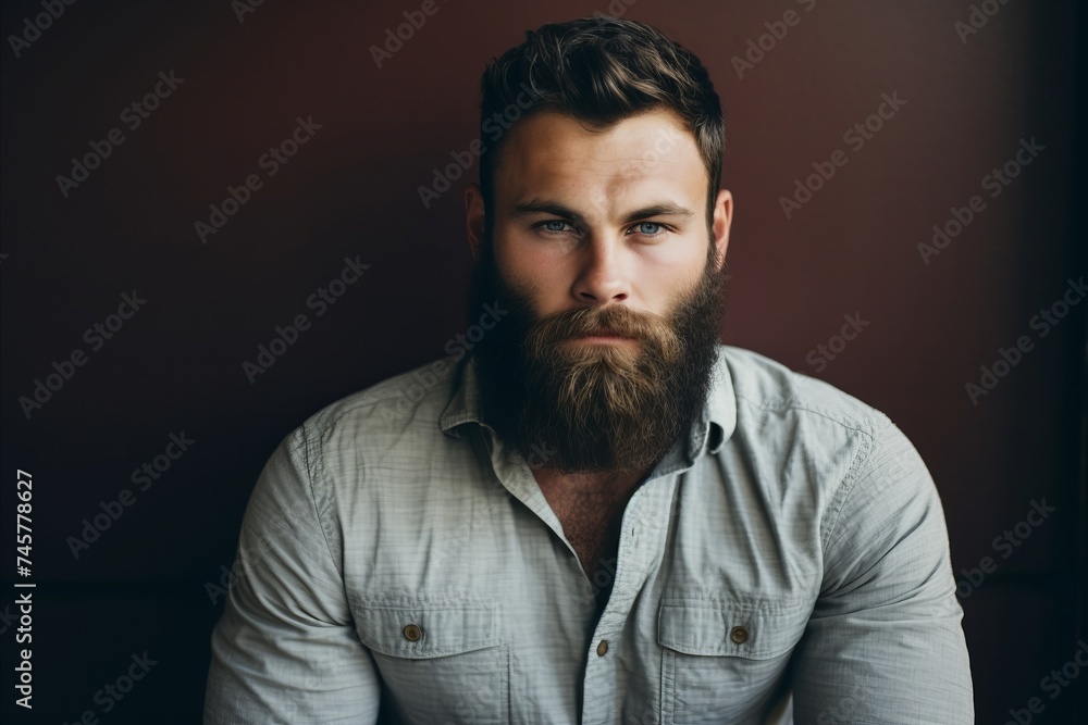Portrait of a handsome young man with long beard and mustache.