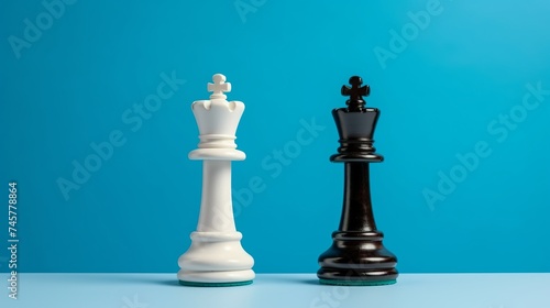 Side view of human hand holding white chess king and android robot hand holding black chess king opposite one another on light blue background. Diplomacy. Artificial intelligence. Man vs Machine