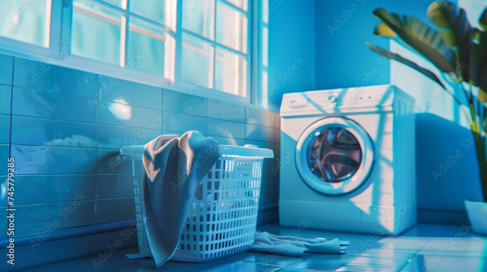 An indoor laundry area with a washer and dryer, neatly tucked against the wall in the kitchen - obrazy, fototapety, plakaty 