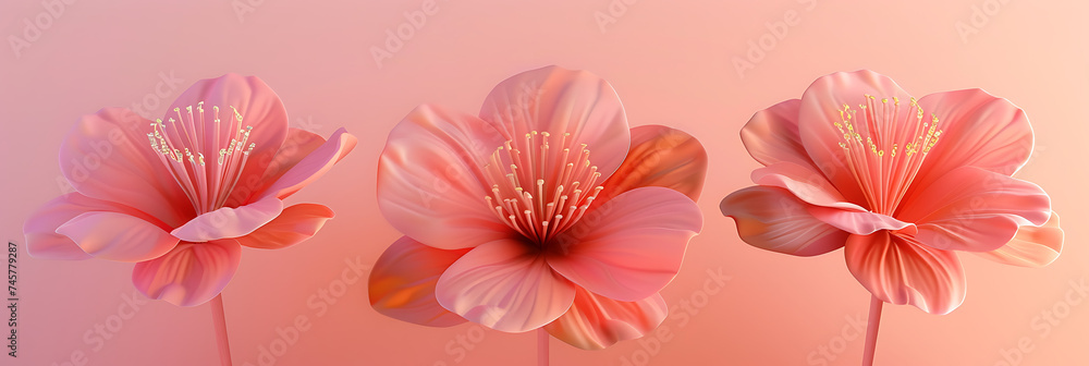 three pink flowers placed on pink background in the s