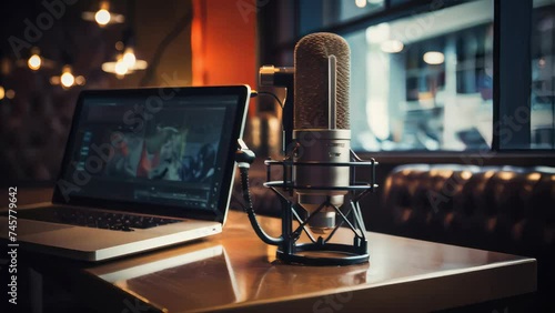 a close up of a microphone on a desk in a cozy modern podcast studio room with a laptop pc and other devices and gadgets photo