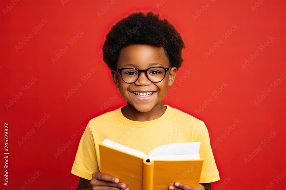 Adorable African little boy wearing glasses and a yellow t-shirt with a book on a red background Adorable African little boy wearing glasses and a yellow t-shirt with a book on a red background