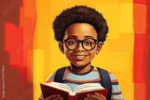 Adorable African little boy in glasses and a knitted sweater with a book and a backpack on an bright background
